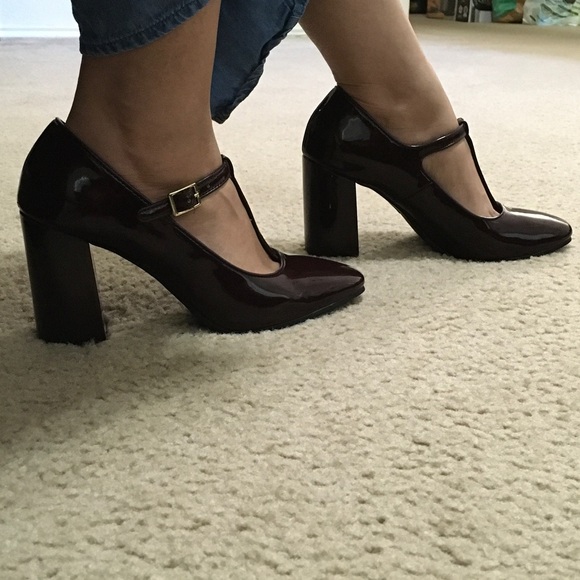 Fioni Burgundy/Wine Strap Block Heels - Picture 4 of 5